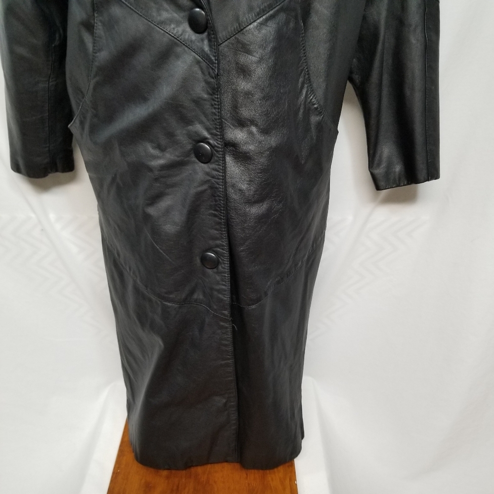 VTG Wilsons Thinsulate Black Genuine Leather Women's Petite S Button Trench Coat - Picture 6 of 15